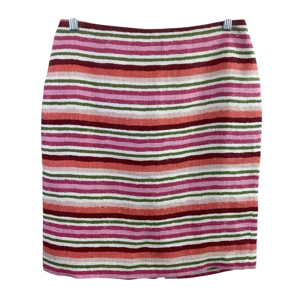 Talbots 100% Linen Pink and Red Striped Fully-lined No Stretch Pencil Skirt Sz 8
